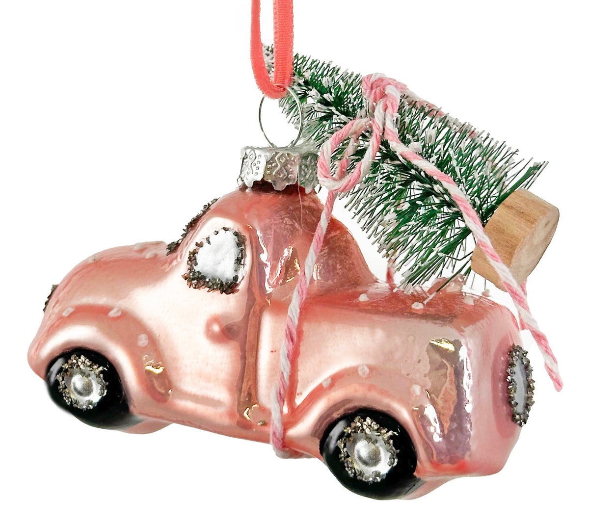 Bleikur bíll með tré 8cm / Xmas bíll