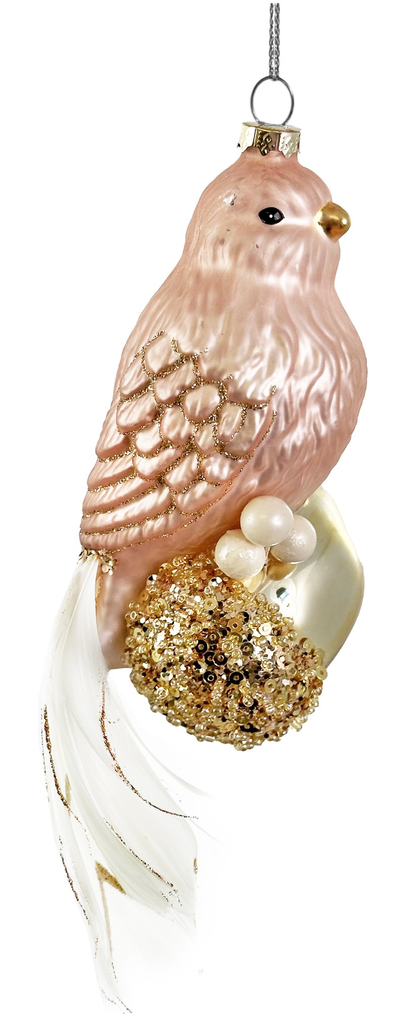 Glass bird mat pink with acorn feathertail 18cm